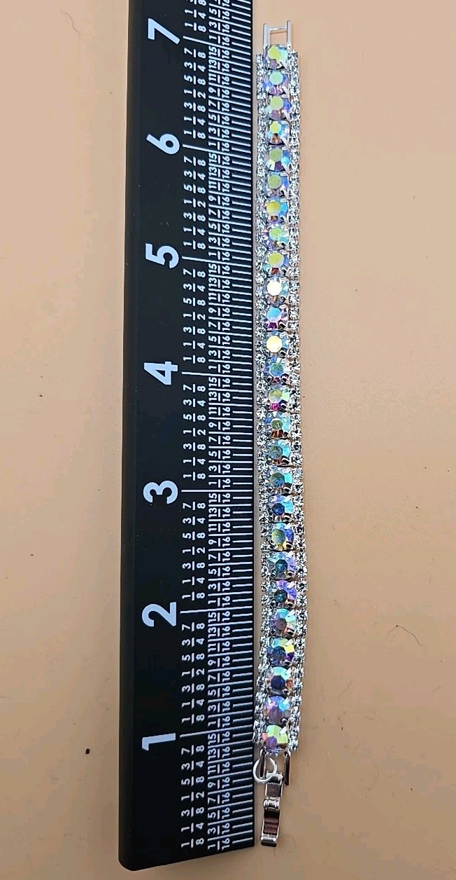 Sparkling AB Rhinestone Crystal Silver Tone Tennis Bracelet 7.25″ AuroraBorealis