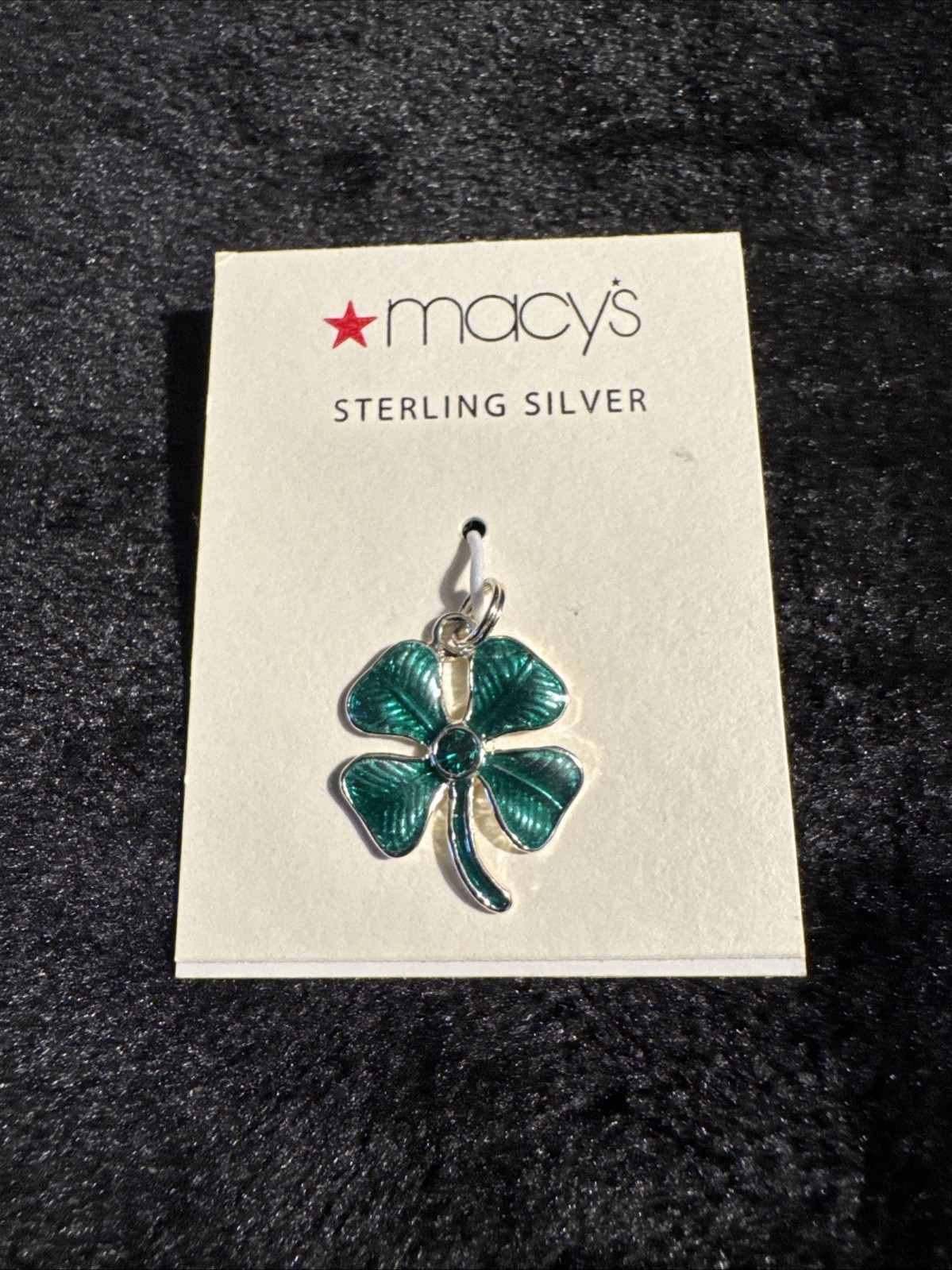Green 4 Leaf Clover Charm Pendant with Rhinestone Center Sterling Silver