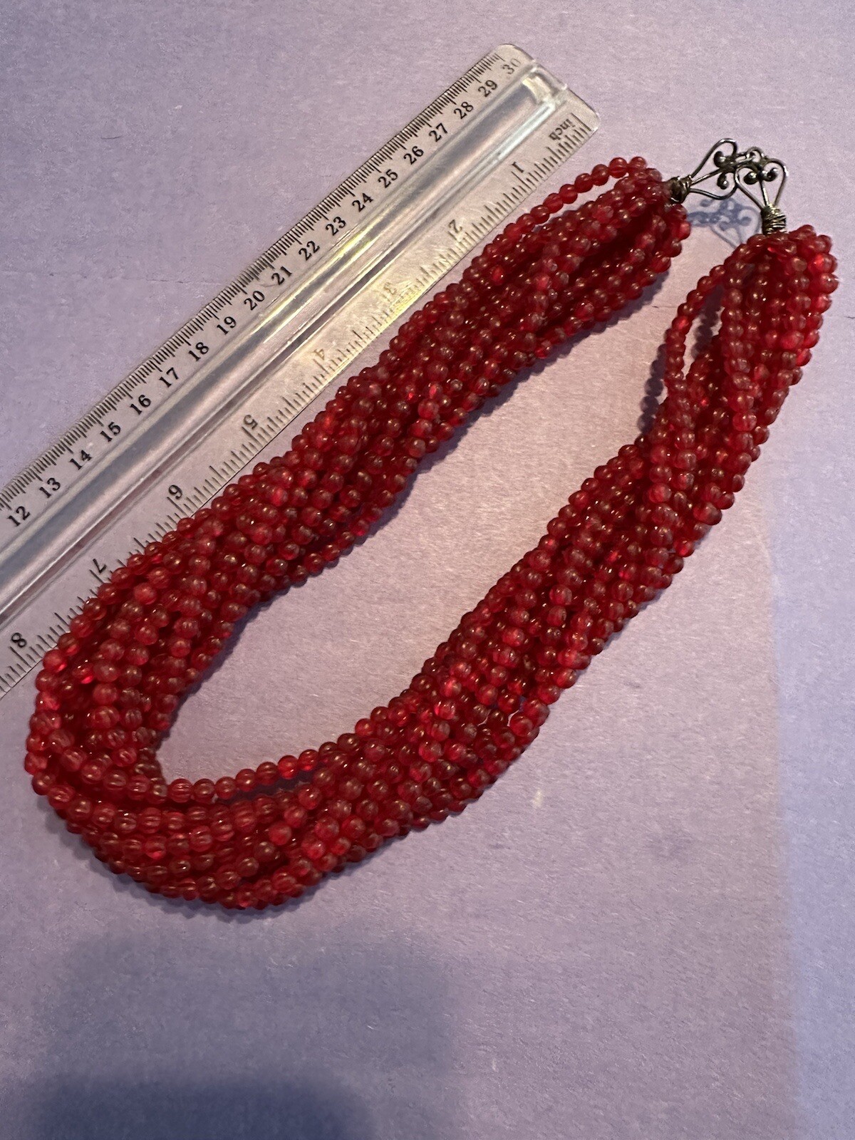 Necklace Red Multi strand Textured Bead Heart Clasp Statement 16″ Stunning Vtg
