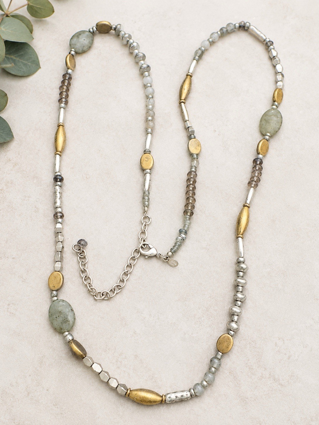 1928 Jewelry Mixed Beaded Necklace Gray Green Stone Antique Silver Gold Tone