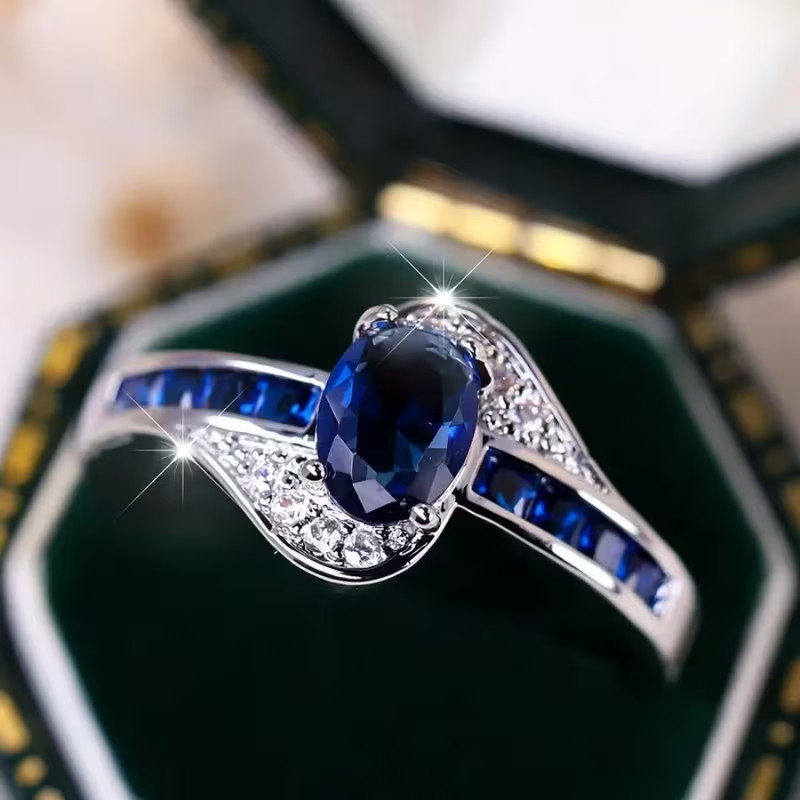 Beautiful Dark Blue Topaz & Cubic Zirconia Ring, Size 9. FREE SHIP IN THE USA!