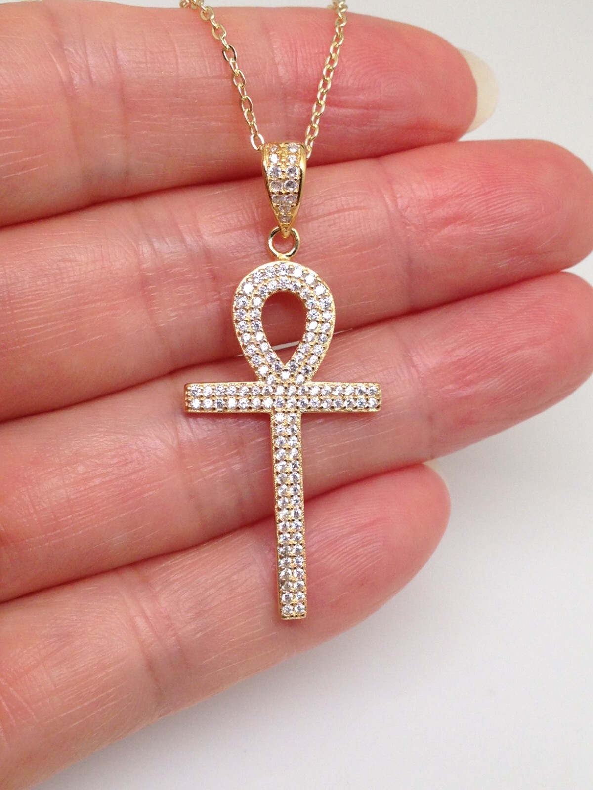 925 Sterling Silver CZ Ankh Cross Pendant Necklace Gold Women 30mm/1.18″ 19.75″