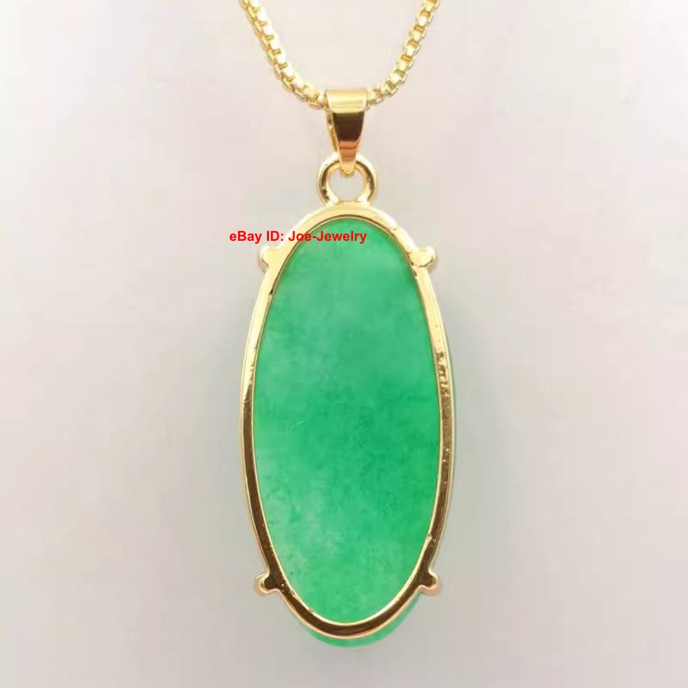 New Yellow Plated Alloy Heated Green Jade Oval Pendant Best Gift 38mm H