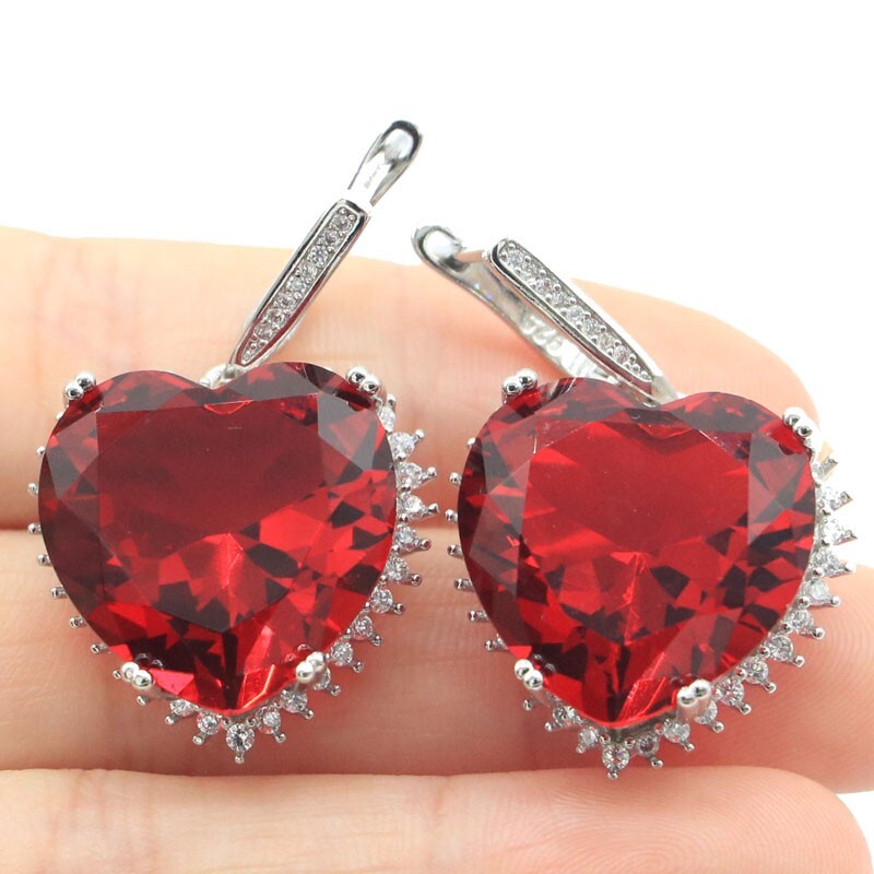 Buy 2 get 1 free Big Heart 20mm Gemstone Red Blood Ruby Cz Women Silver Earrings