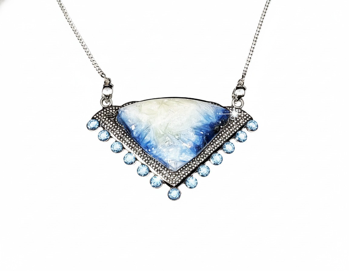 Blue Ice Glacierite Cabochon Necklace SP,Topaz Gemstones hand cut at bottom 22