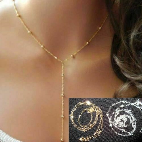 Dainty Silver Gold Choker Lariat Necklace Bead Station Y Drop Chain Simple New
