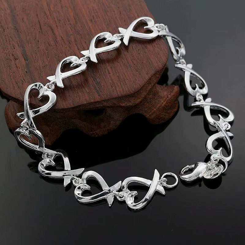 925 Sterling Silver Heart Charm Bracelet Thick Chain Women’s Jewelry Gift