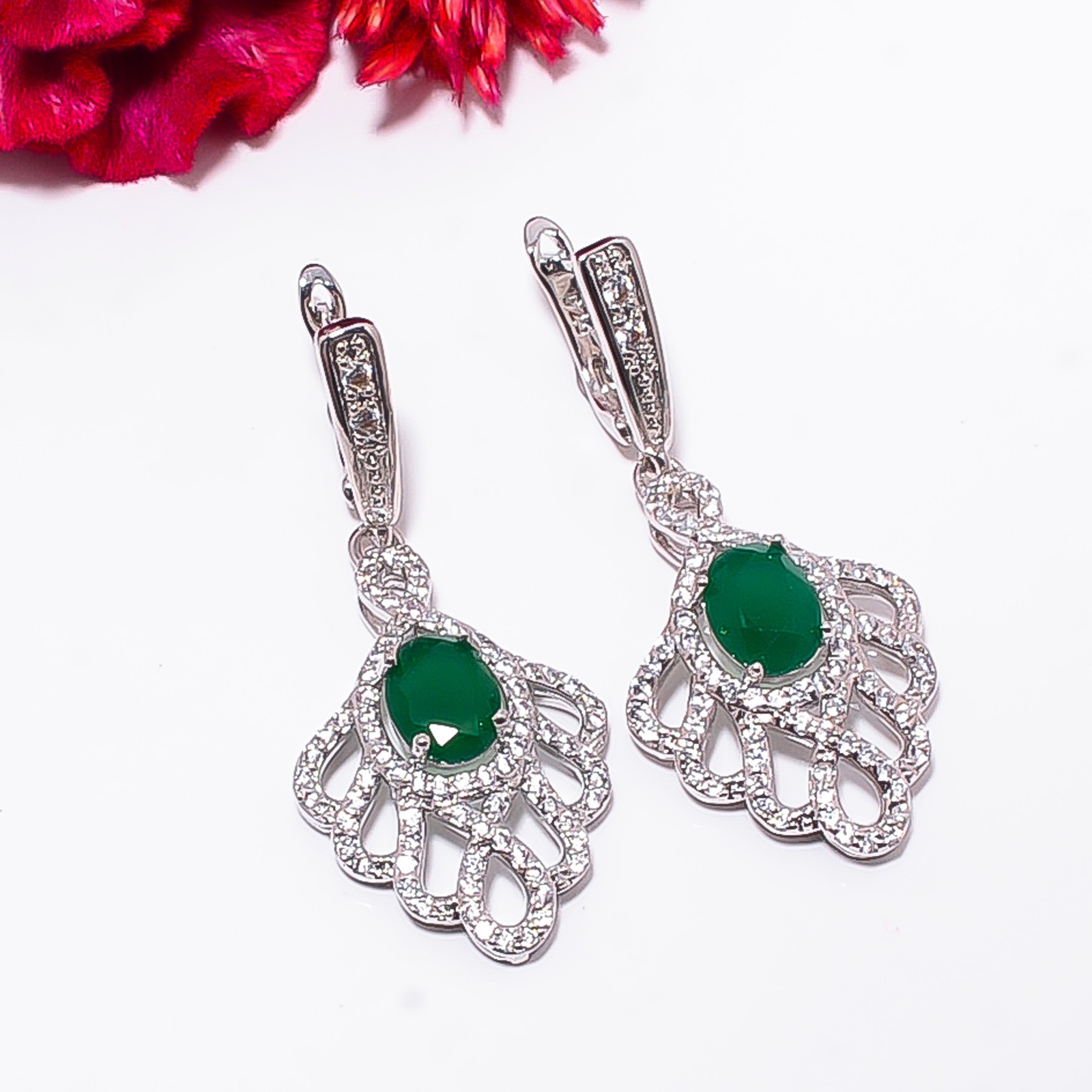 Emerald – Simulated & Cubic Zirconia 925 Silver Platinum Plated Earring 1.90″ E8