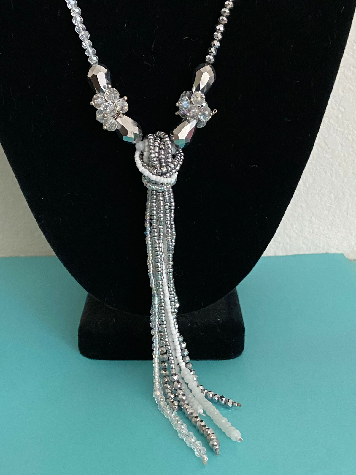 Women’s Hand-Beaded Cream & Silver Knot Necklace 35″