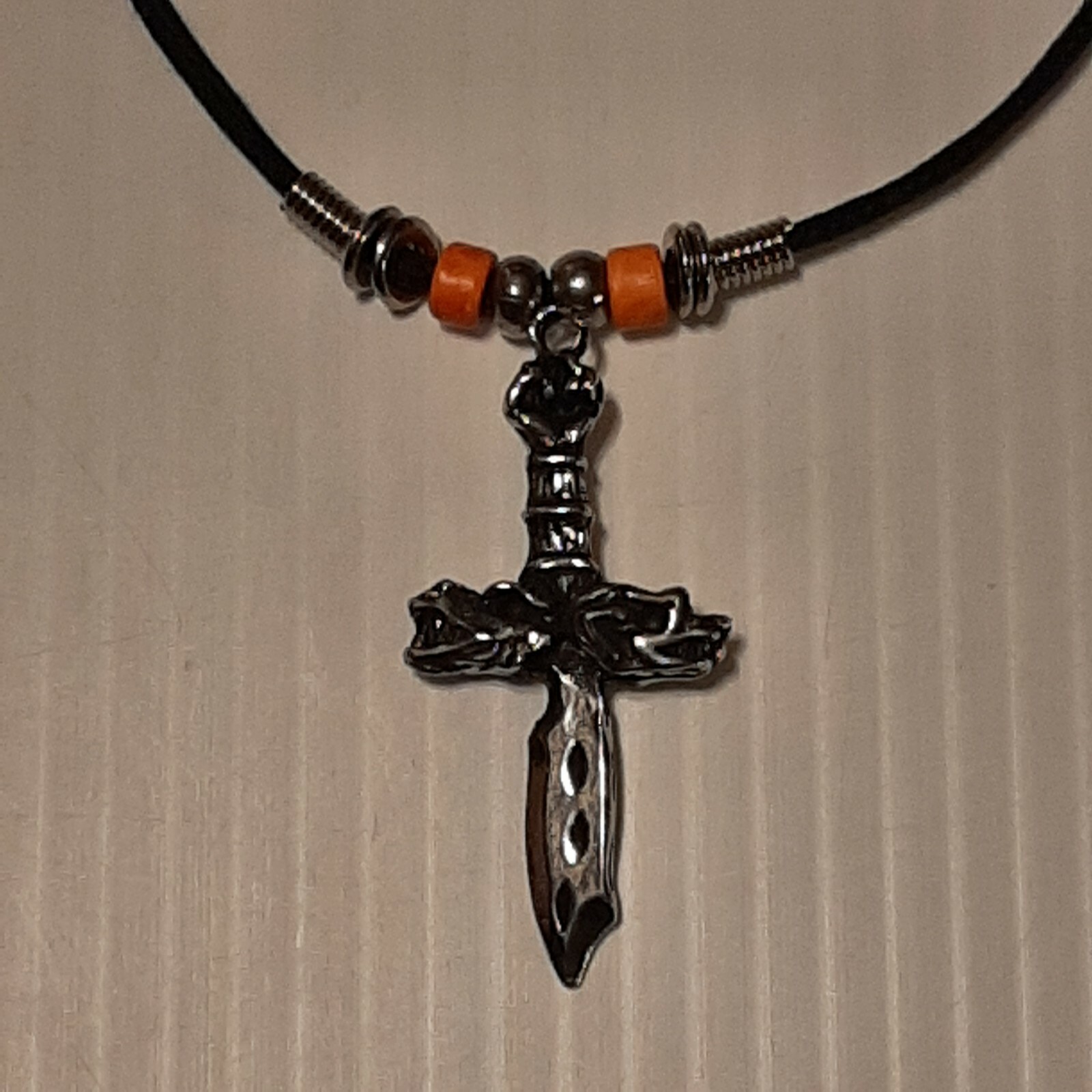 DRAGON HEAD DAGGER Pewter Pendant Charm / ROPE NECKLACE WITH COLOR BEADS