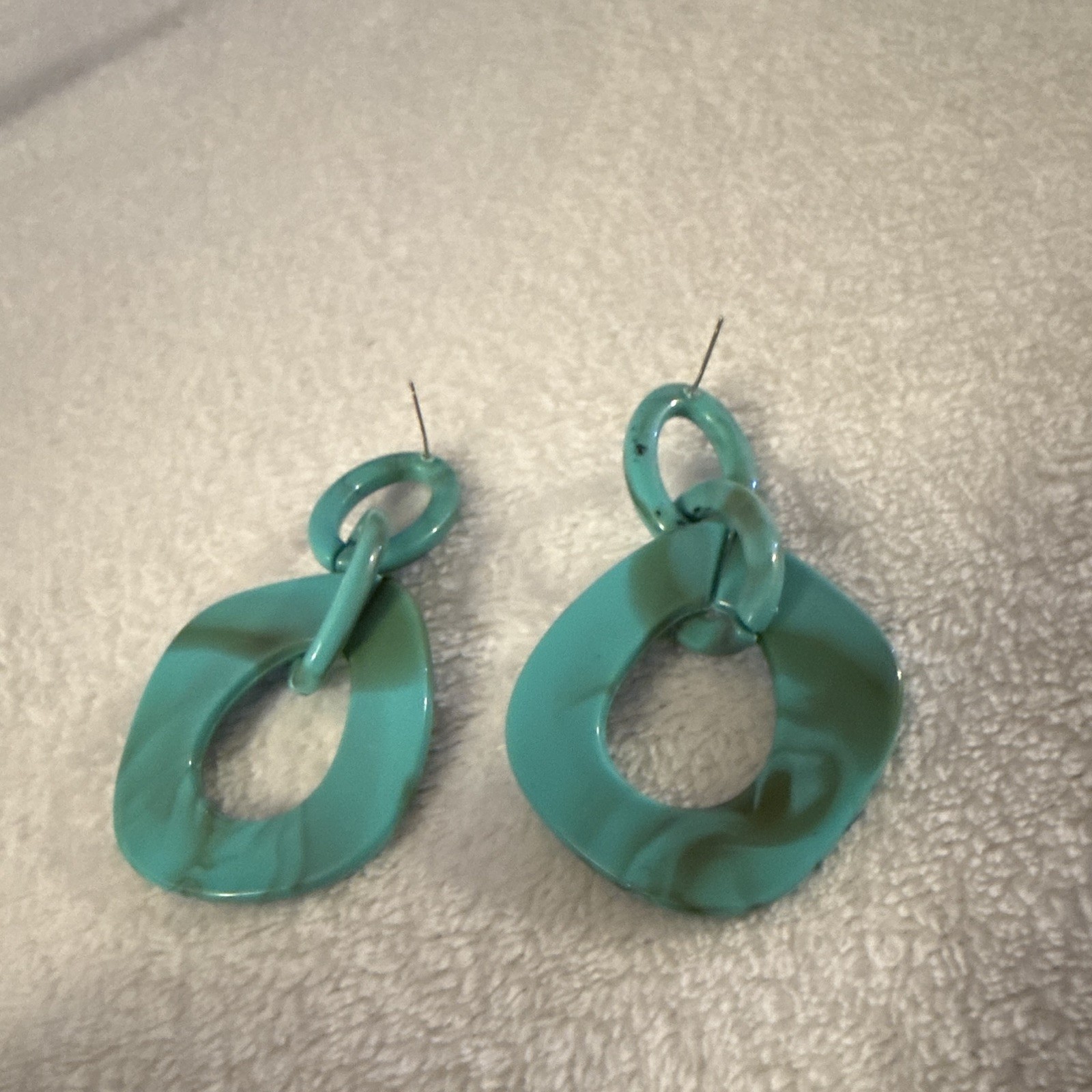 Blue/Teal Marbled Oval Plastic Dangle/Drop Earrings