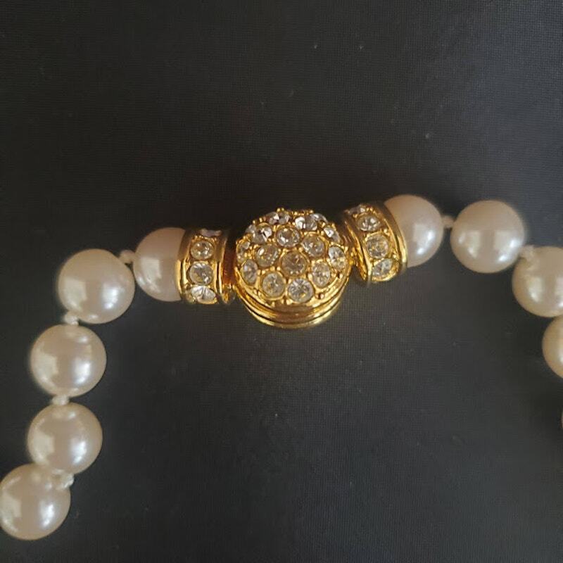 Nolan Miller Faux Pearl Necklace Crystal Button Clasp Gold Tone Convertible