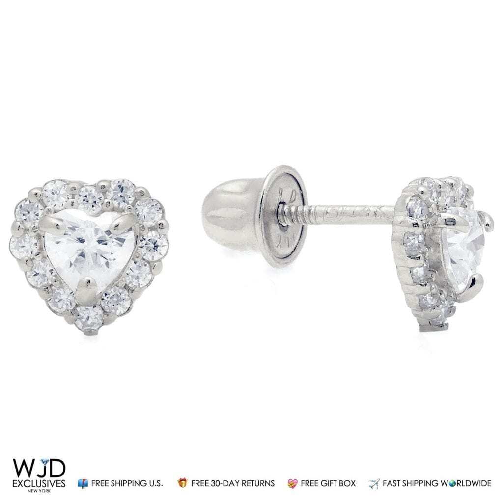 1CTW Simulated Diamond 14K White Gold Halo Small Heart Stud Screw Back Earrings