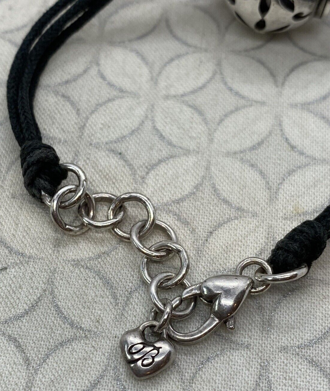 Brighton Trade Winds Silver Tone Corded Black Bracelet Round Flower bead Used