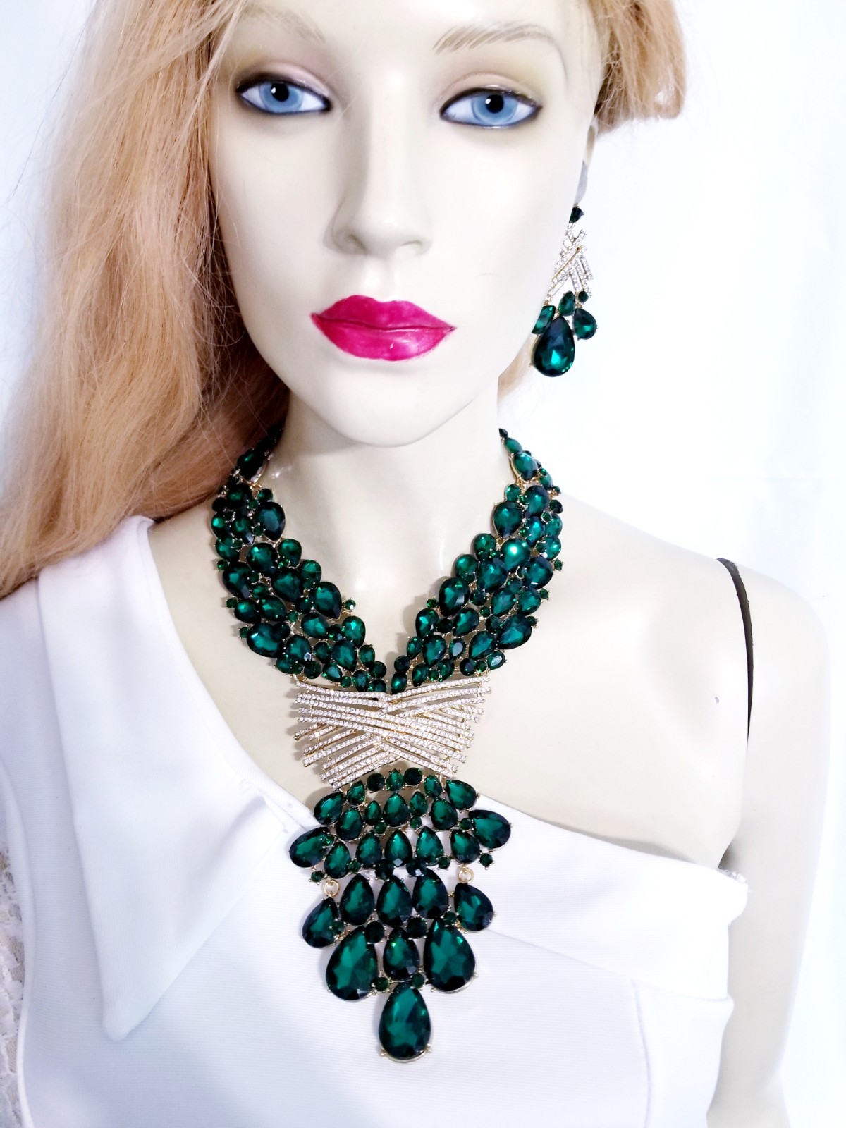 Green X Large Necklace Choker Earring Set Rhinestone Crystal Drag