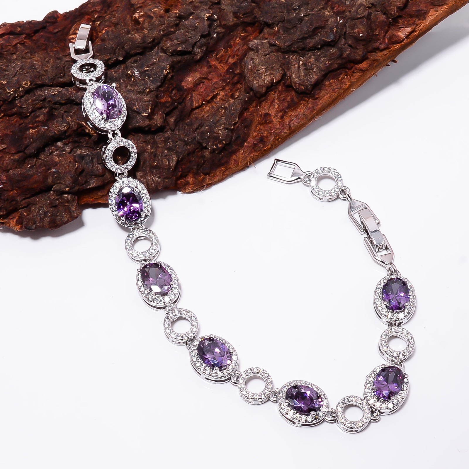 Purple Amethyst, CZ 925 Sterling Silver Adjustable Bracelet 7-8″ B132215