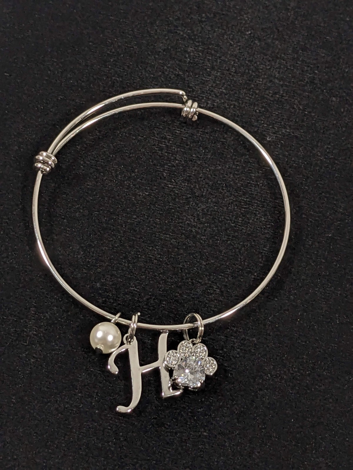 Silver Tone Initial Letter H Paw Print Crystal Faux Pearl Charm Bracelet 8.5 in