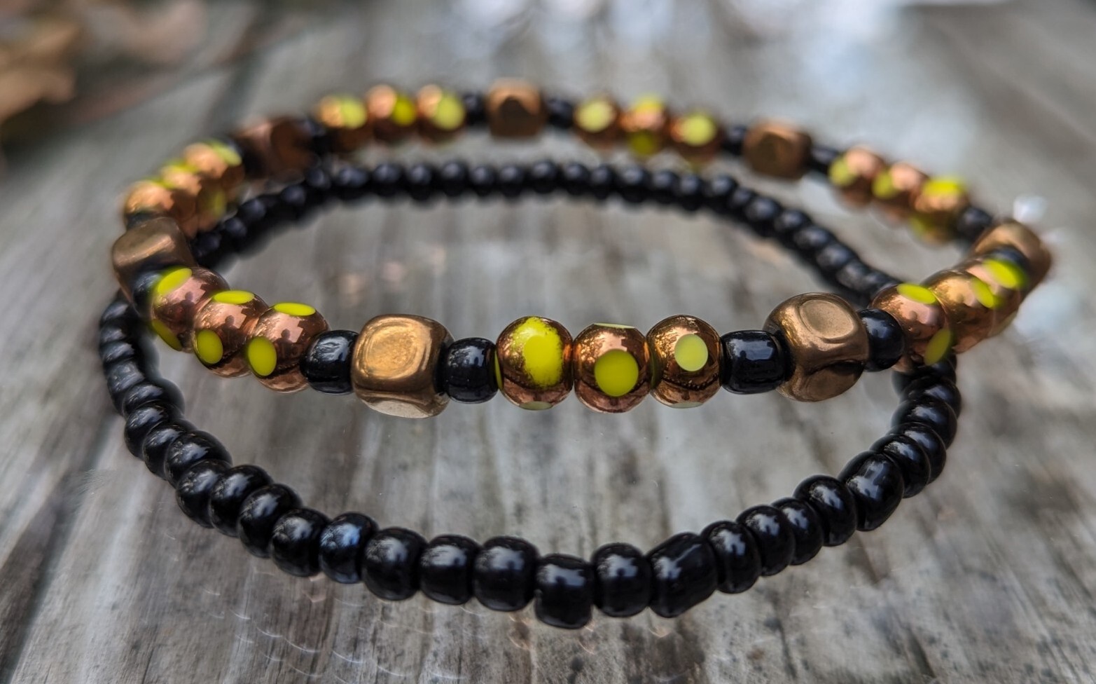 Copper / Black / Yellow Glass Beaded Stretch Artisan Bracelet 7.25″ (18cm) Set