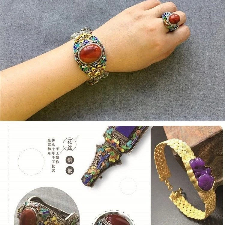 Ladies’ Vintage Handmade Floral Blue Inlaid Ruby Buckle Bracelet Ring