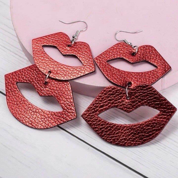 Red Lips Dangle Earrings Faux Leather Statement Jewelry Lipstick Kiss Cute Love