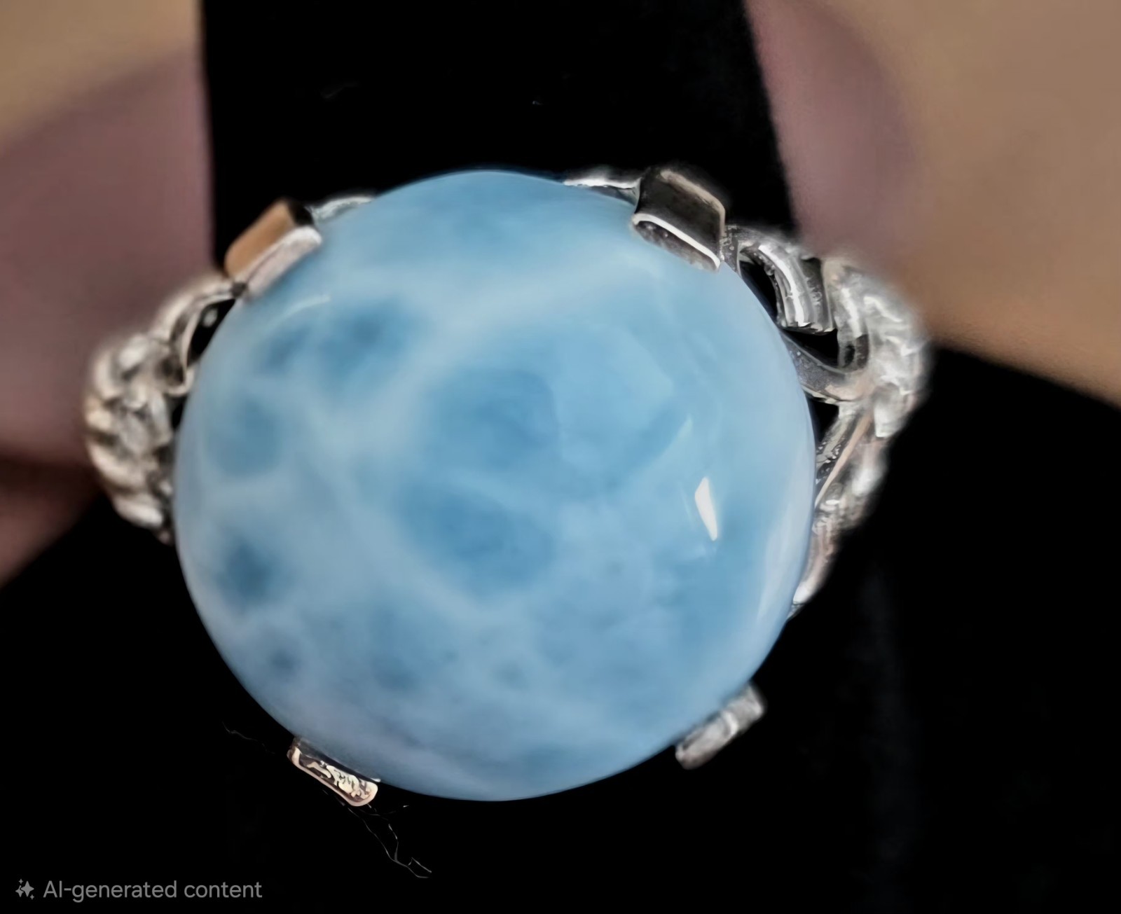Larimar Blue Cabochon Cocktail Ring Silver Prong Setting Round Size 6.5