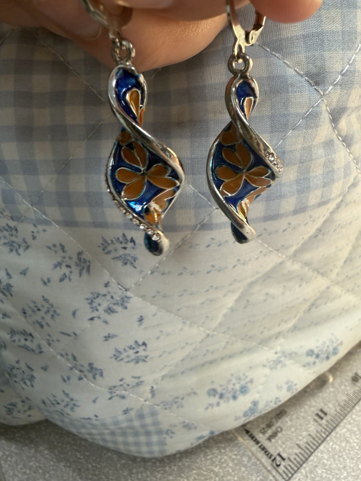 Blue Orange Enamel Floral Dangle Drop Leverback Earrings Silver Tone