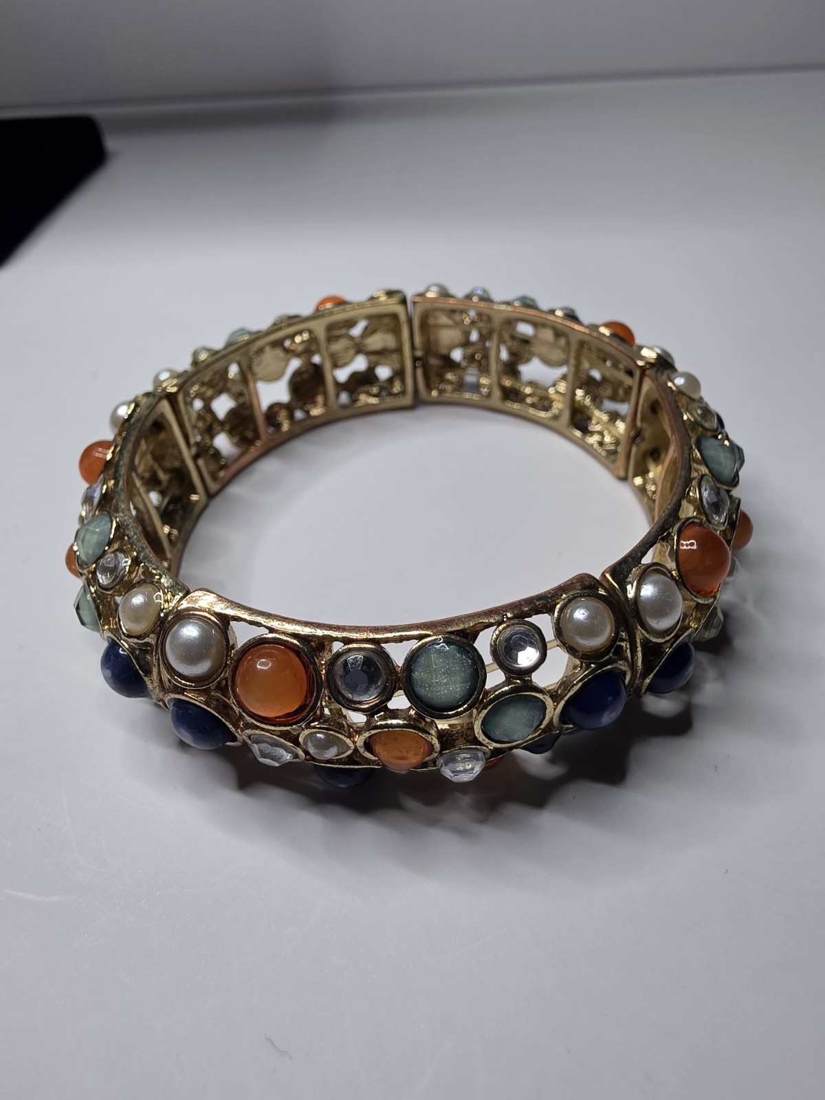 Fall Colors Maize, Yellow, Blue & Orange Cabochons Stretch BRACELET Goldtone