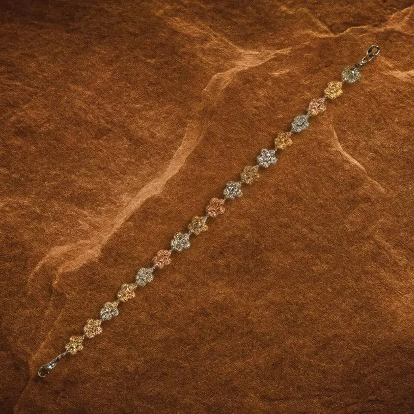 Hawaiian Sterling Silver Tri-Color Gold Plated Plumeria Bracelet CZ Prong Gems