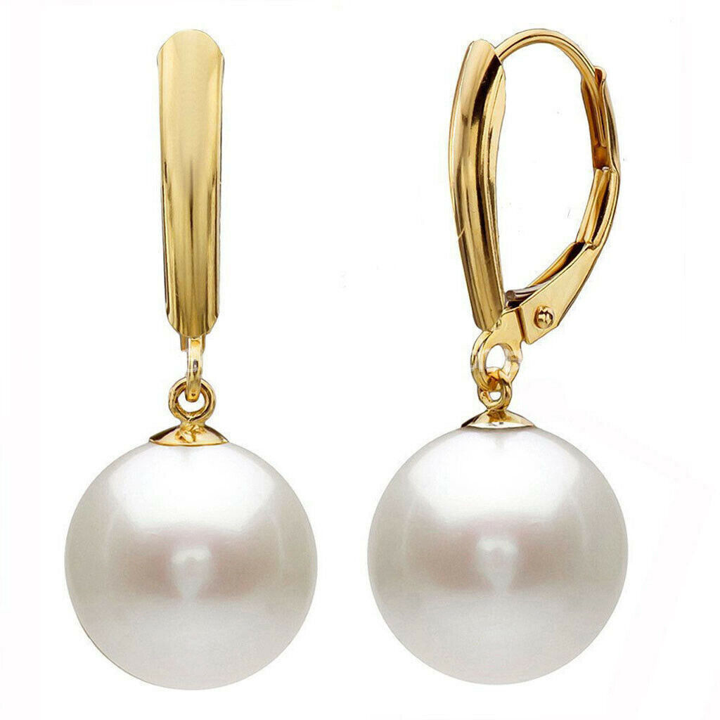 Women’s 8/10/12/14/16mm South Sea Shell Pearl Dangle Leverback Earrings AA