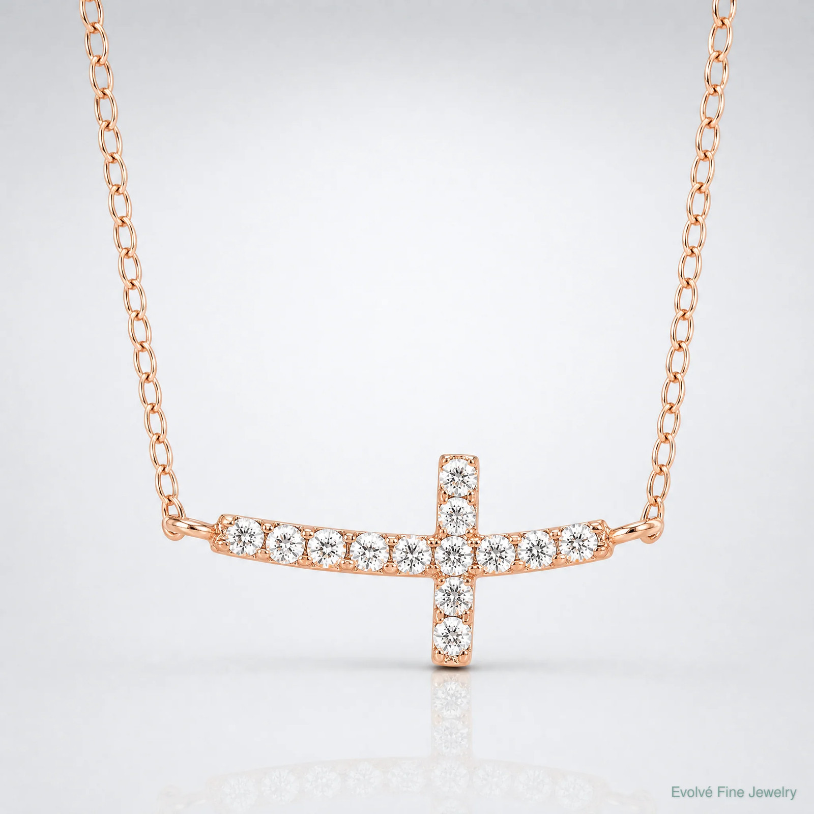 Sterling Silver Rose Gold-Plated CZ Sideways Cross With 2in Ext Necklace