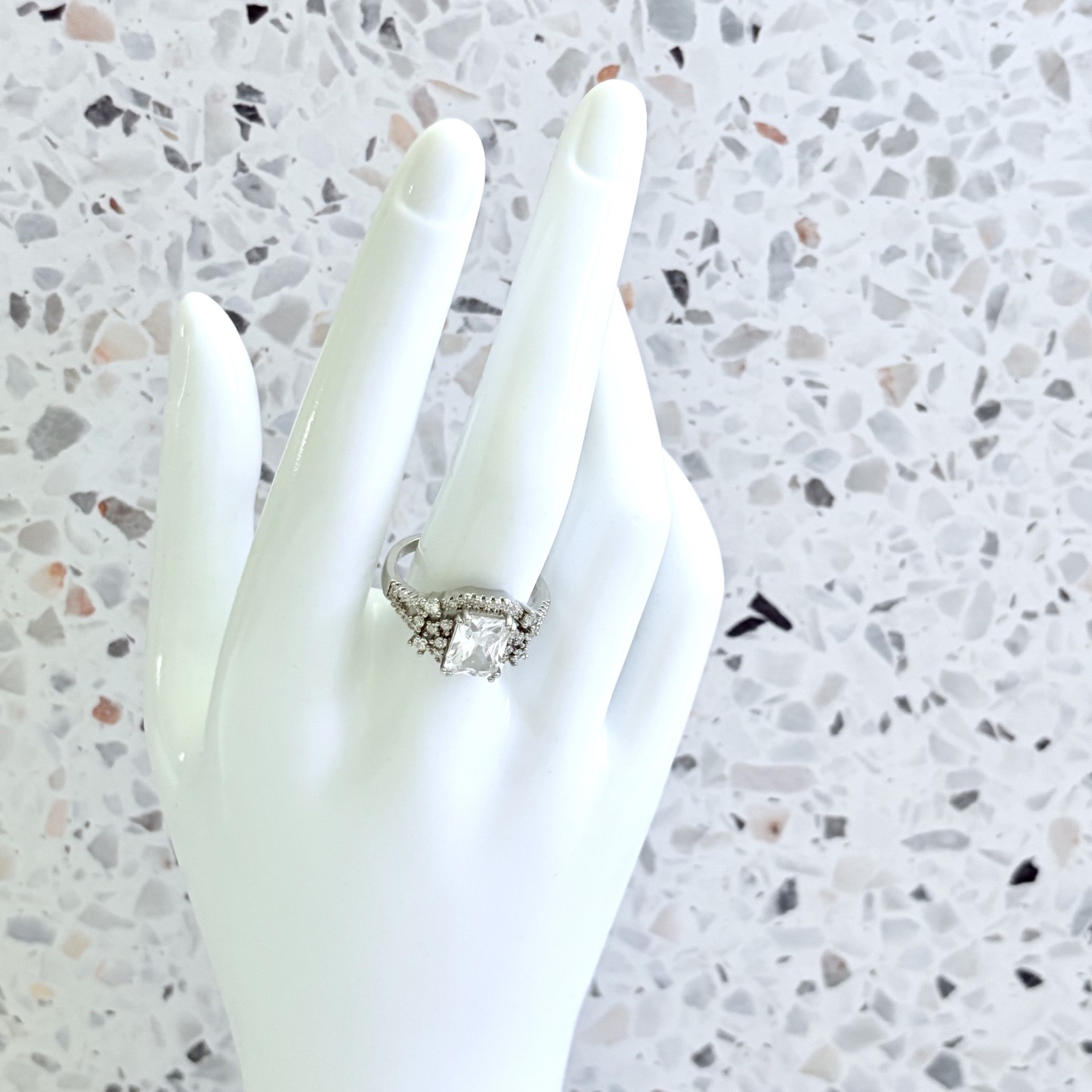 14k White Gold & 925 SS White Simulated Sapphire Radiant Cut Halo Women’s Ring