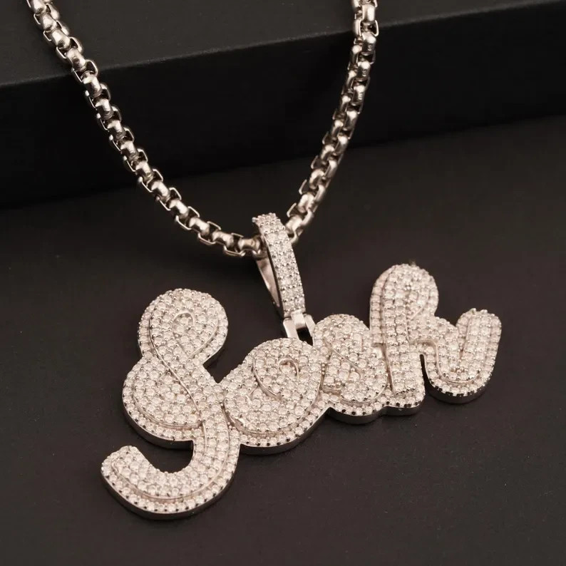 5 Ct Round Cut Simulated Diamond Custom Bling Name Pendant 14k White Gold Plated