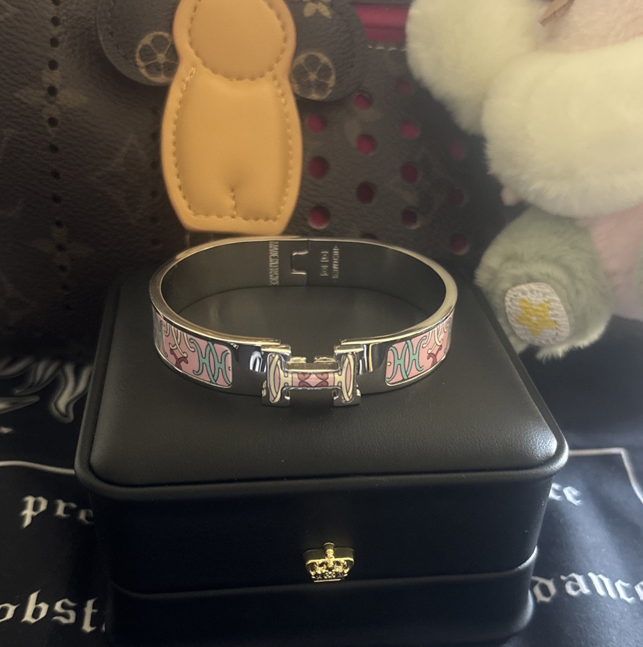 Hermès Inspired Enamel H Bracelet Silver Tone Multicolor Geometric Bangle