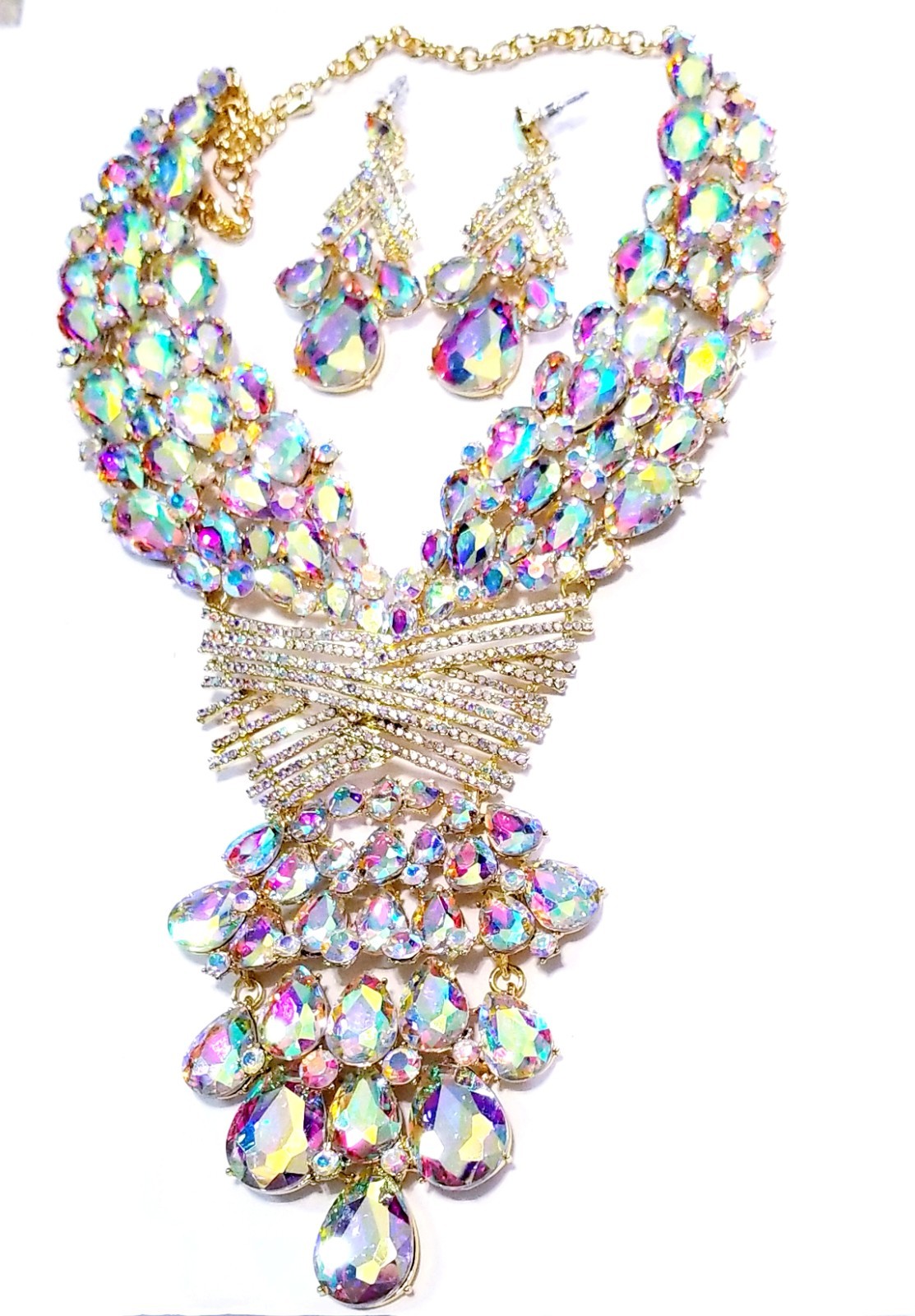 AB Iridescent X Large Necklace Choker Earring Set Rhinestone Crystal Drag
