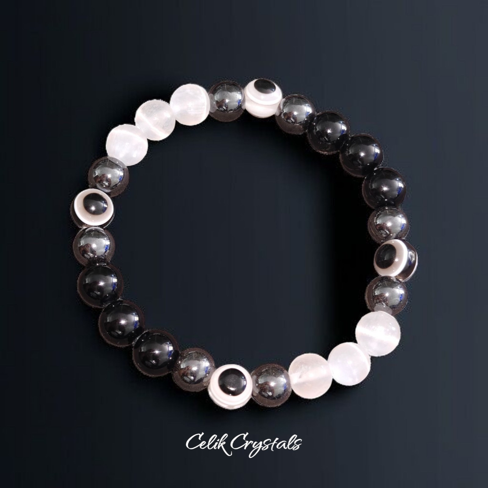 Black Tourmaline, Selenite, Hematite Evil Eye Bracelet Handmade 8mm Beads…