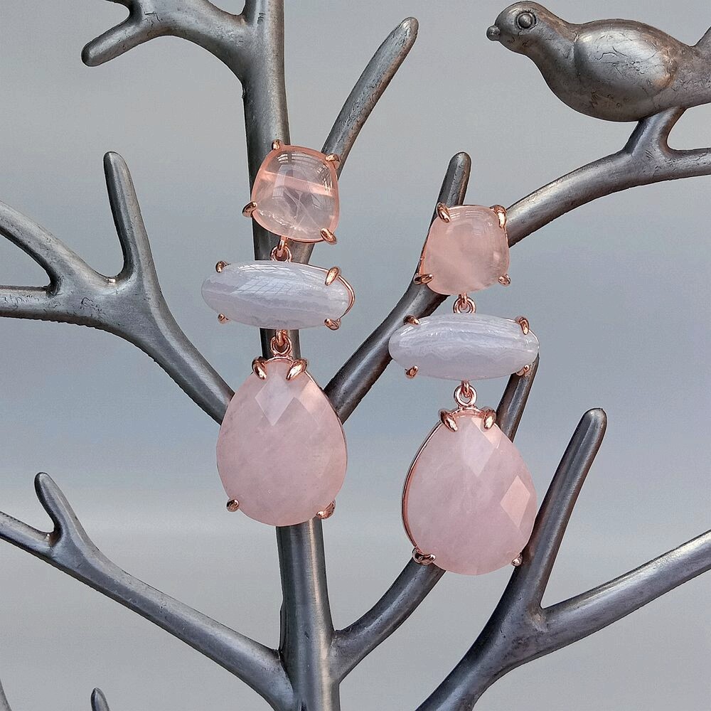 Rose Quartz Blue Chalcedony Dangle Stud Earrings Gemstone  women Fashion Jewelry