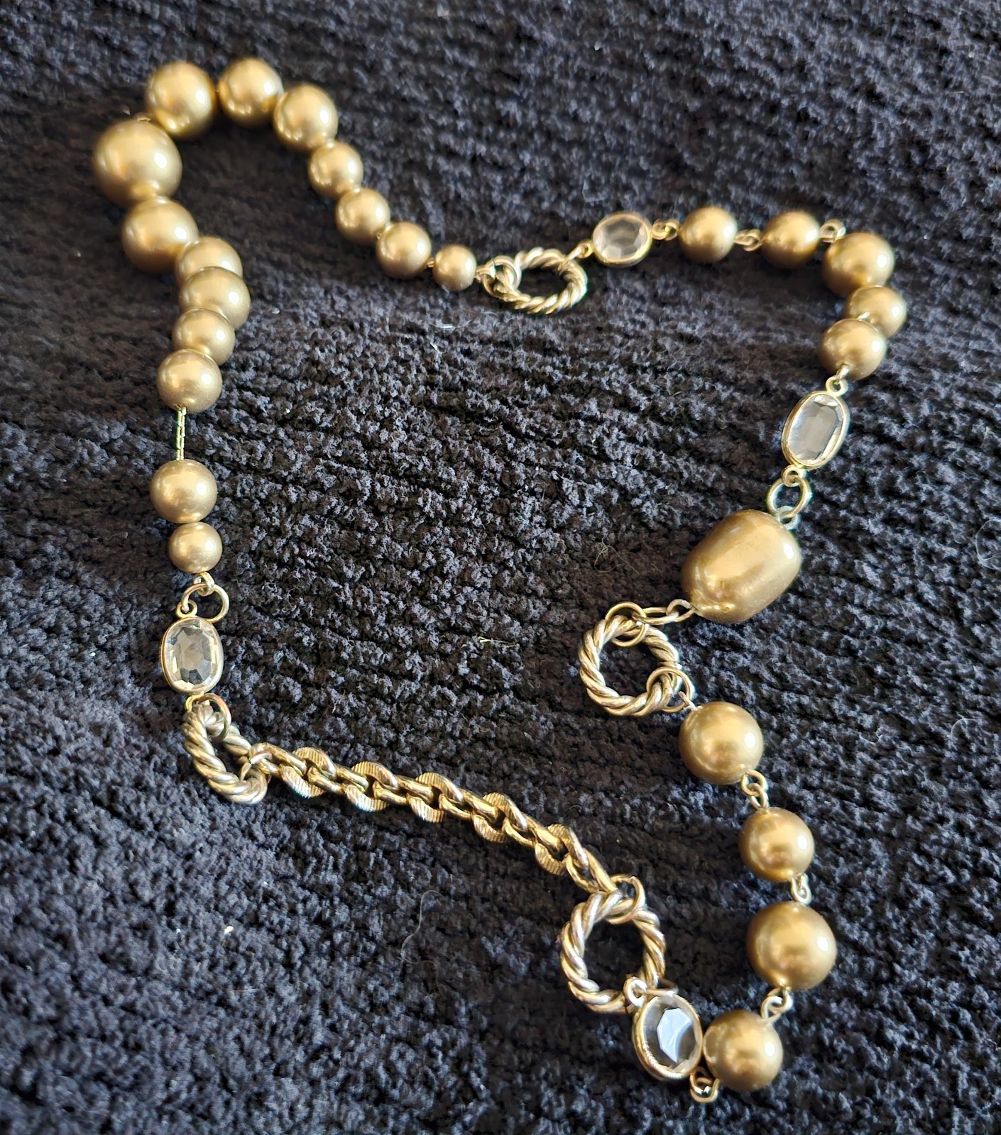Satin Gold Bead Crystal Statement Necklace Continuous Strand No Clasp Chunky 21″
