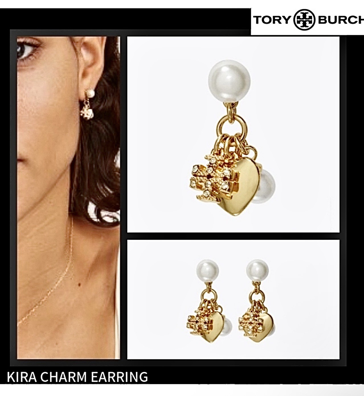 Tory Burch Kira Pearl Heart Charm Drop Earrings Gold Tone Logo Sexy Gift New