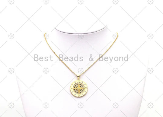 CZ Micro Pave Compass On Round Coin Shape Pendant, 18K gold Filled Medallion