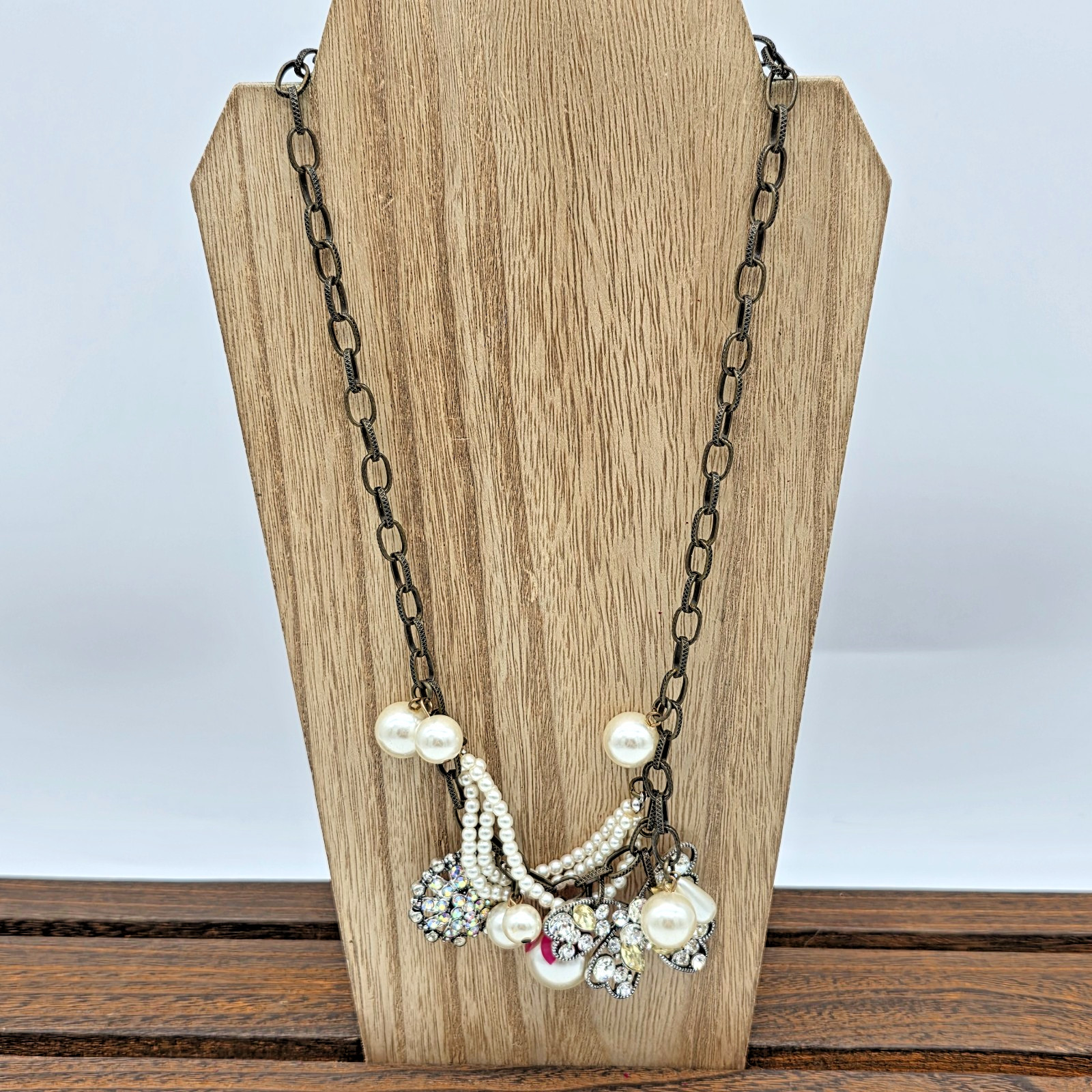 Plunder Antique Bronze Necklace Pearl Wrap & Crystal Butterfly Charms 20”