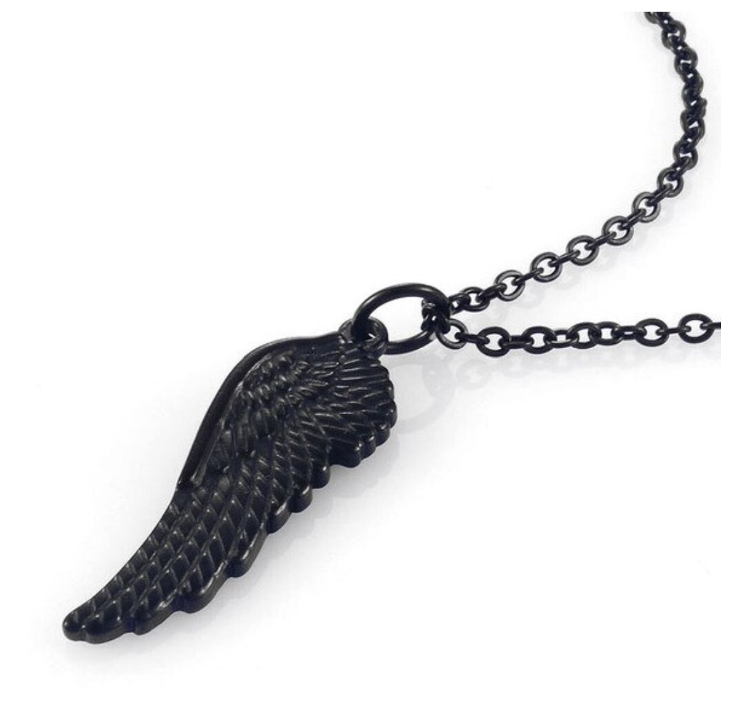 Black Stainless Steel Angel Wing Pendant with 20 in Chain