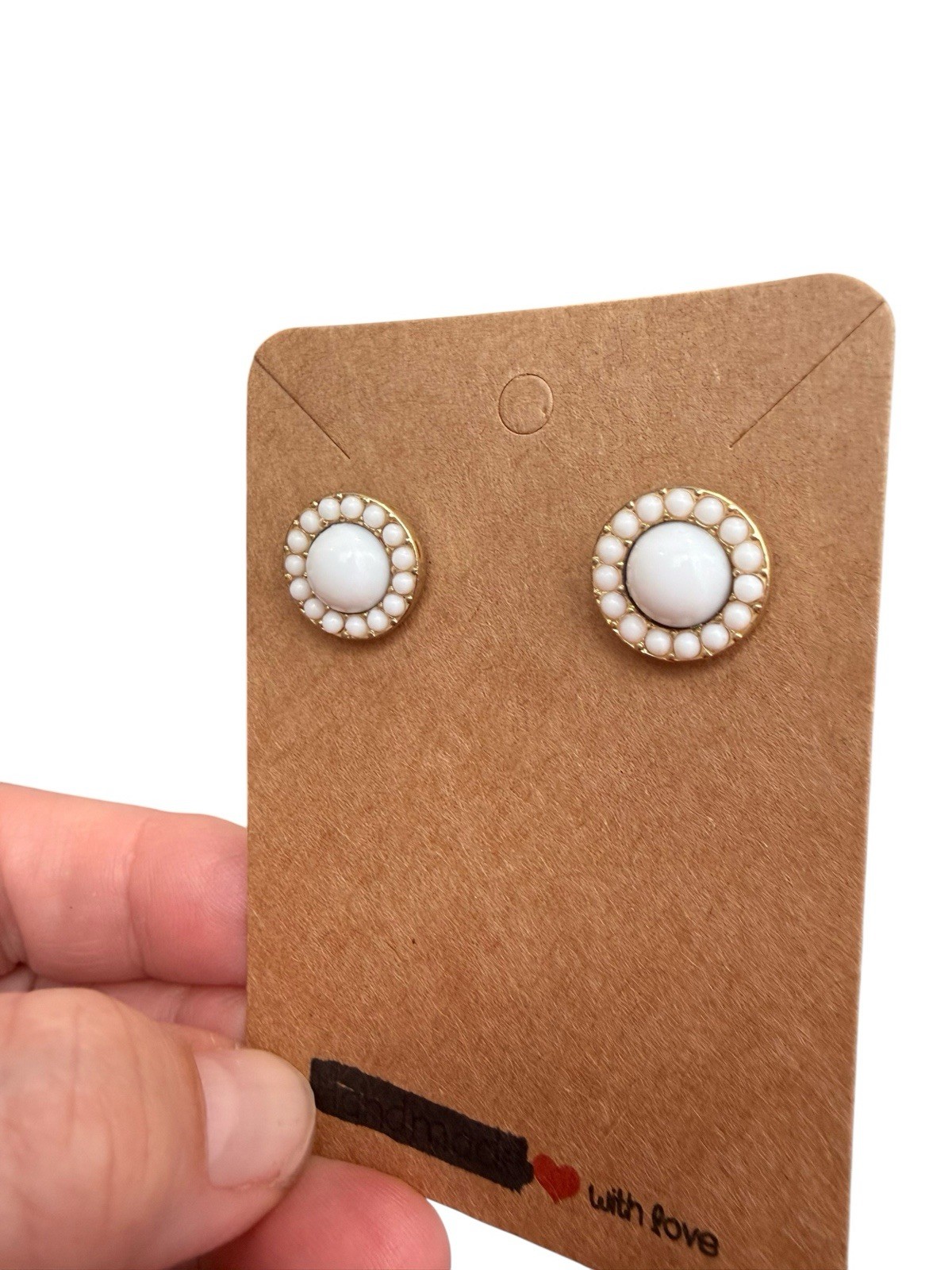 White Cabochon Gold Tone Round Post Earrings Classic Preppy