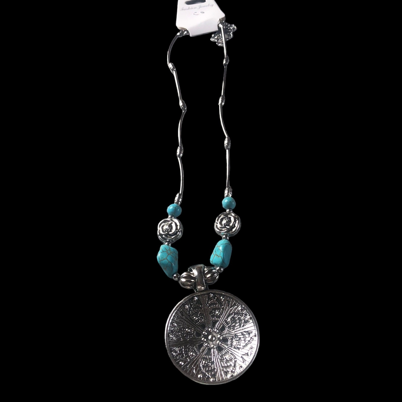 Vintage Style Boho 925 Silver Plated Turquoise Carved Alloy Medallion Pendant