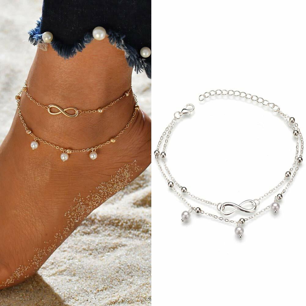 Women Double Ankle Bracelet 925 Silver Anklet Foot Jewelry Girl’s Beach Chain