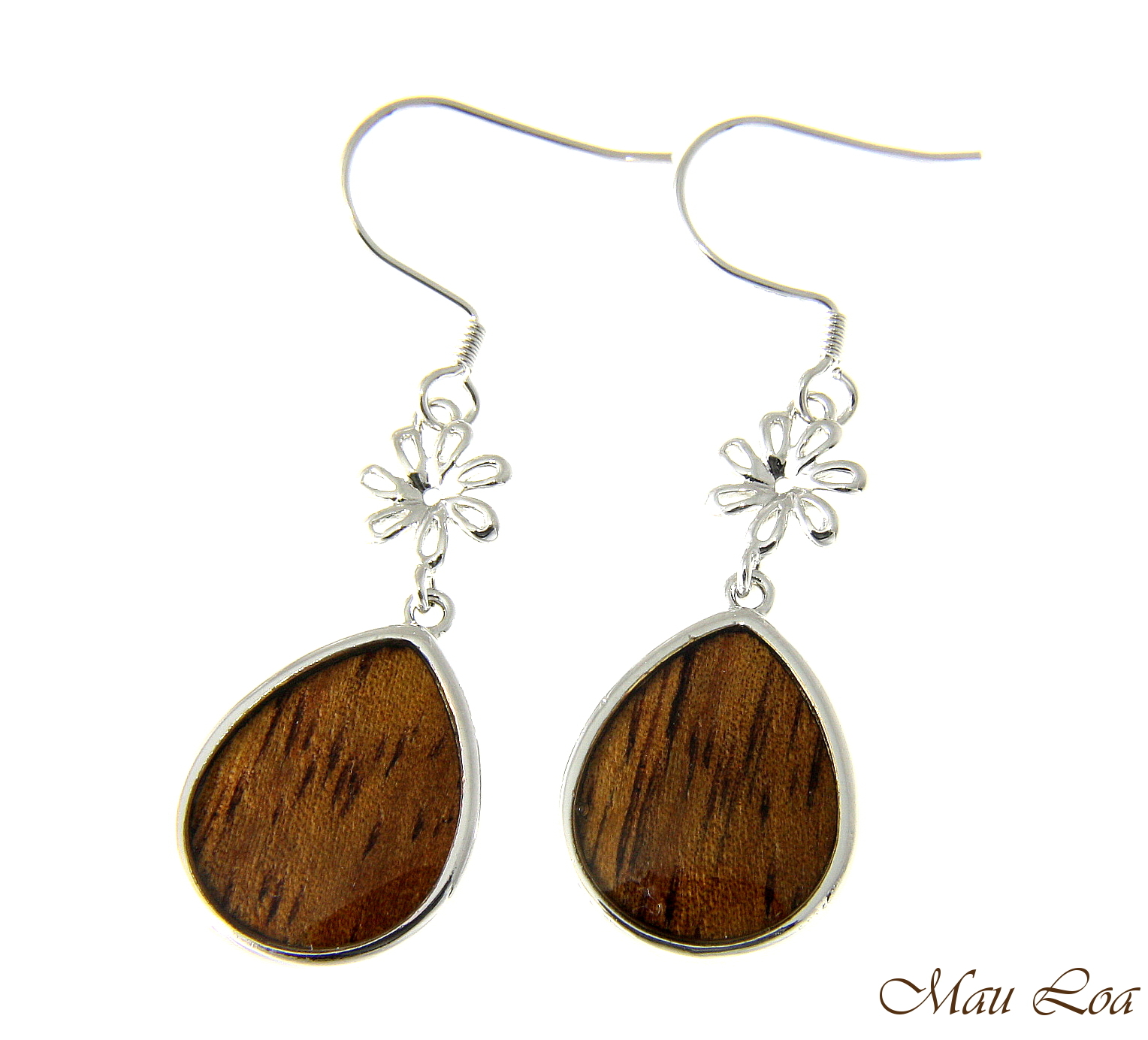 Koa Wood Hawaiian Teardrop Flower Rhodium Silver Plated Brass Hook Wire Earrings