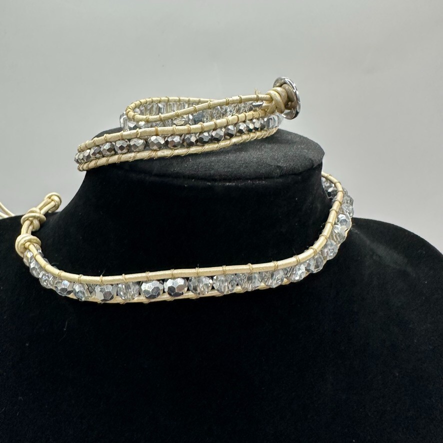 Victoria Emerson Wrap Bracelet Beige on Natural Gunmetal Beads 38 inches Long
