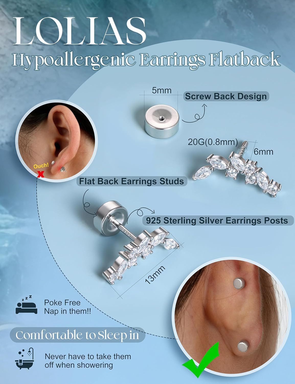 Hypoallergenic Cartilage Earrings for Women Flat Back-925 Sterling Silver Post S