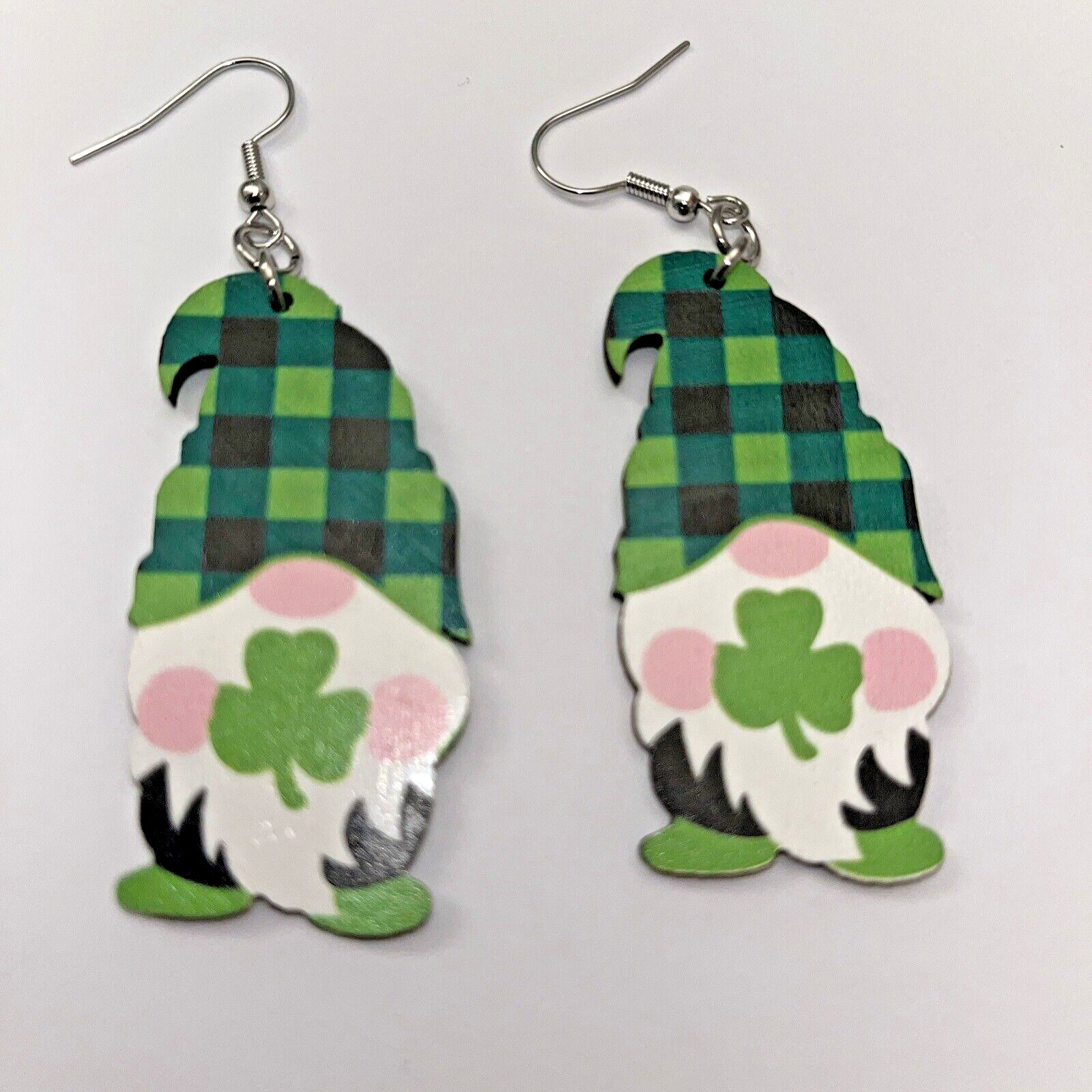 Saint Patrick’s Day Gnome Wood Earrings Double Sided 2″ long x 1″ Wide Brand New