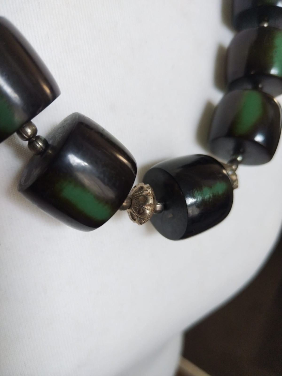 Vintage Chunky Black Green Resin, Metal Mixed Shapes Beaded Statement Necklace