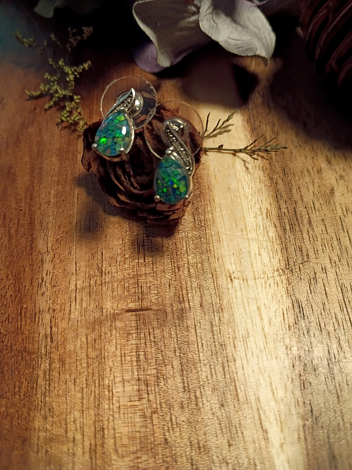 Vintage Mosaic Fire Opal Teardrop & Rhinestone 925 STS Post Earrings